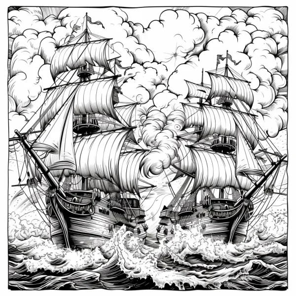 Two ancient sailing ships navigating rough sea waves, detailed  adventurous atmosphere — free printable sailing coloring book page