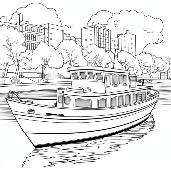 Urban riverside cruise boat, realistic line art style — free printable cityscape coloring book page