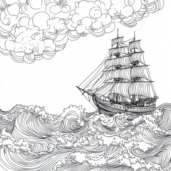 Sailing ship in rough waves, realistic style — free printable sailing coloring book page