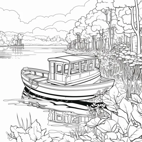 Small boat moored by lakeside, realistic line art style — free printable lakes coloring book page