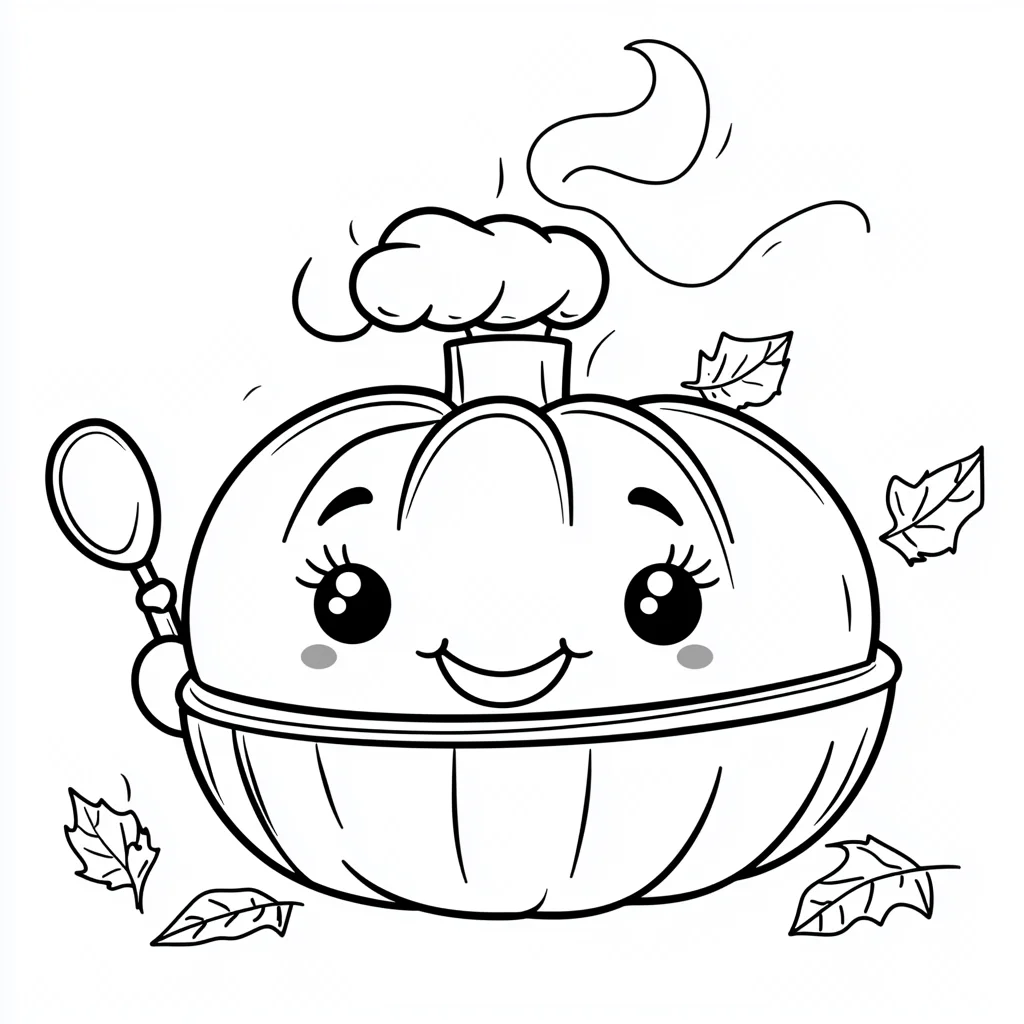 Anthropomorphic chef pumpkin with a spoon, cartoon style — cartoon style — beginner-friendly — line art coloring page — for kids and adults of all ages