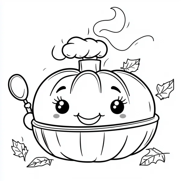 Anthropomorphic chef pumpkin with a spoon, cartoon style — free printable thanksgiving coloring book page