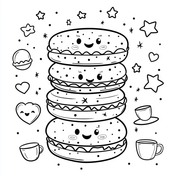 Stacked anthropomorphic macarons with cute facial expressions, cartoon style — free printable innocence coloring book page