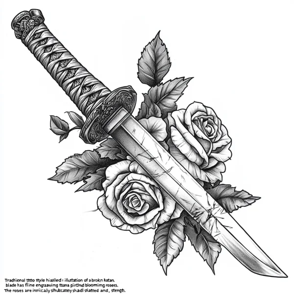 Broken katana paired with blooming roses, traditional tattoo style — free printable weapons coloring book page