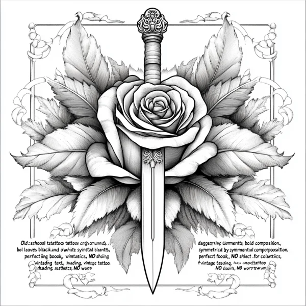 Vintage old school tattoo style rose with dagger through center, symmetric composition — free printable tattoo coloring book page