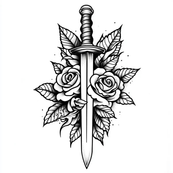 Sword wrapped with roses and leaves, tattoo style — free printable weapons coloring book page