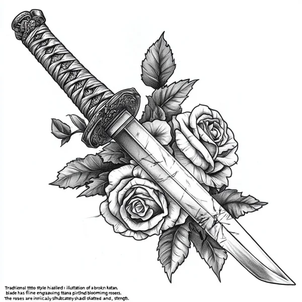 Broken japanese tanto with blooming roses, traditional tattoo style — free printable weapons coloring book page