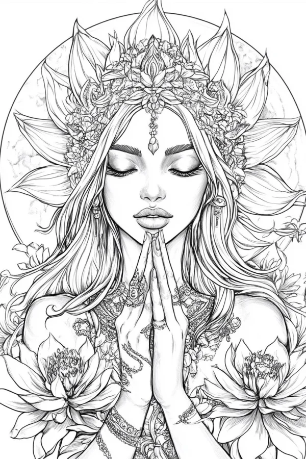 Praying fairy adorned with lotus flowers, indian-inspired style — free printable india coloring book page