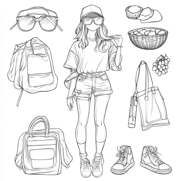 Fashion girl with various clothing and accessories, cartoon realistic illustration style — free printable daily life coloring book page