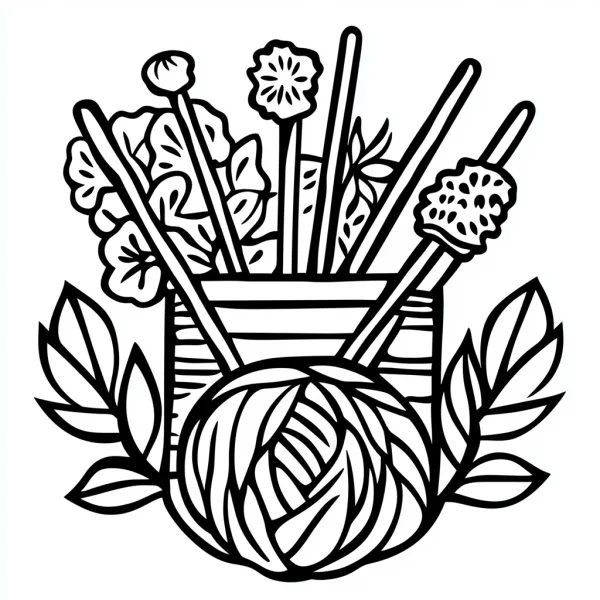 Yarn ball with knitting needles in container decorated with flowers and leaves, cartoon style — free printable handmade diy coloring book page