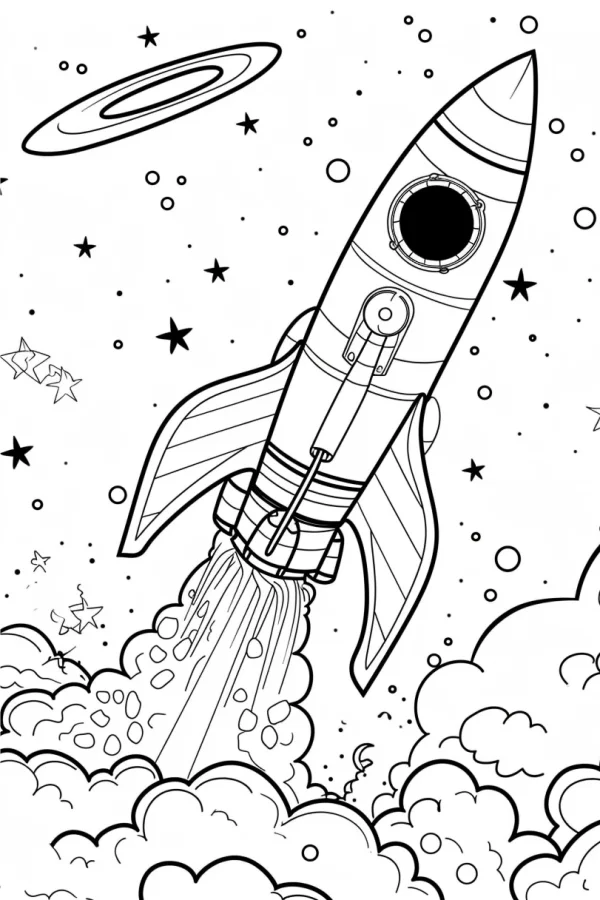 Coloring book page, space rocket launching into the sky — free printable starry sky coloring book page