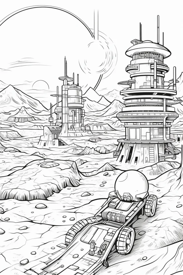 Alien base with lunar rover on rocky extraterrestrial terrain, sci-fi realistic style — free printable alien scene coloring book page
