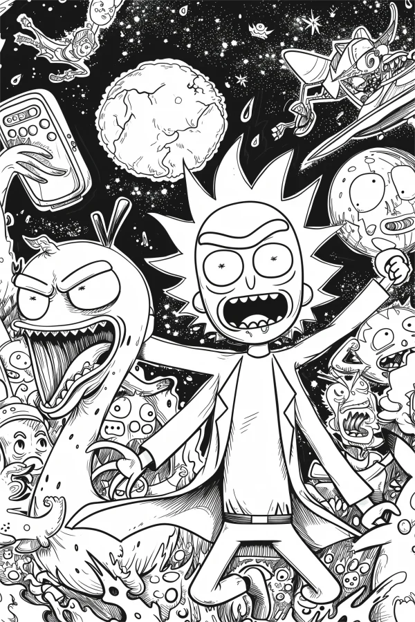 Mad scientist rick with a group of fantasy alien creatures, cartoon style — free printable anime coloring book page