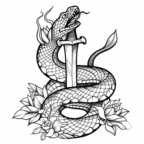 Snake coiled around a sword with lotus flowers, tattoo totem style — free printable totem culture coloring book page