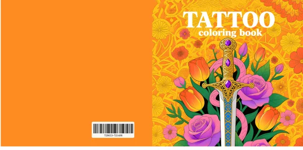 Cover of tattoo coloring book, sword surrounded by roses and tulips with purple gem — free printable tattoo coloring book page