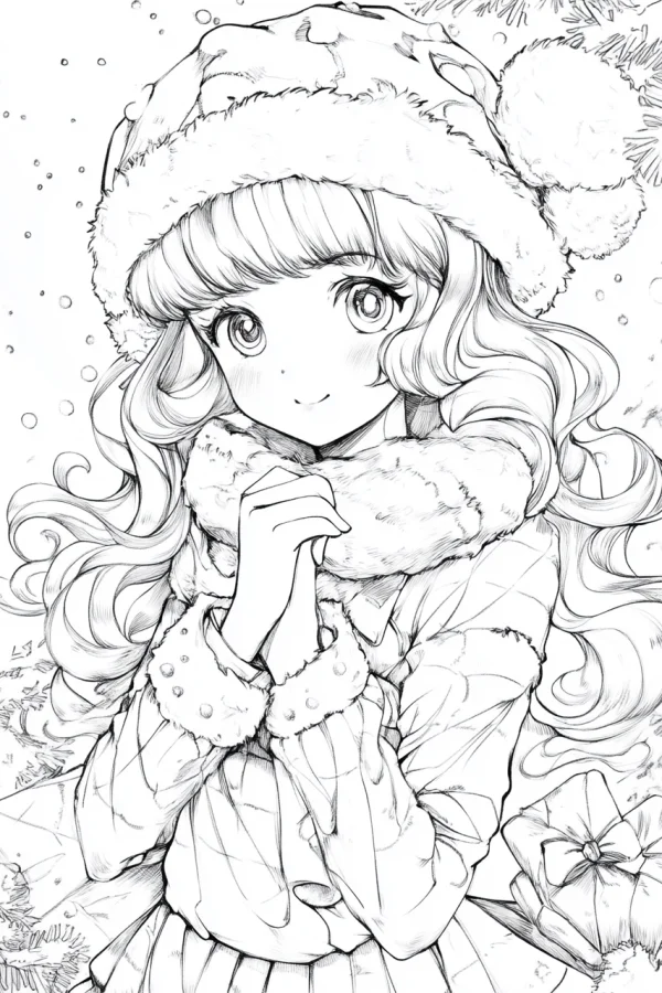 Christmas girl with curly hair wearing santa hat and fur scarf, anime cartoon style — free printable girl coloring book page