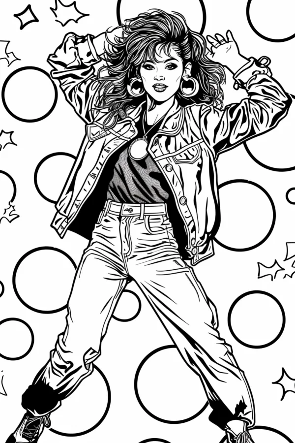 Retro style dancing girl with curly hair, wearing denim jacket and high-waisted jeans — free printable dance coloring book page