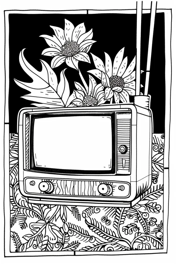 Vintage television with blooming flowers on top, retro illustration style — free printable living items coloring book page