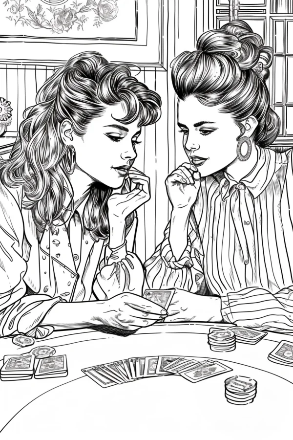 Two vintage women playing cards at a round table, retro realistic illustration style — free printable other life themes coloring book page