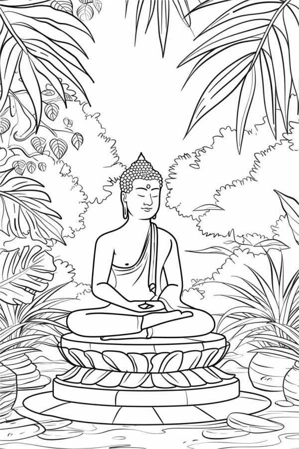 Meditating buddha sitting on lotus pedestal, surrounded by tropical palm leaves and various plants — free printable buddhism coloring book page