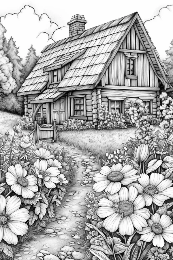 Rural cottage surrounded by daisies and pine trees, realistic illustration style — free printable rural life coloring book page