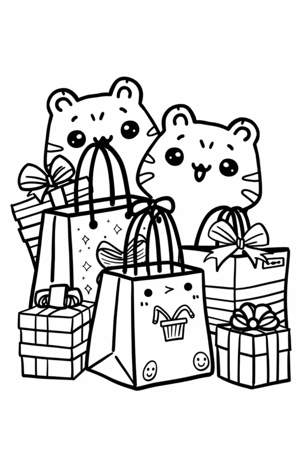 Two cute cartoon tigers with shopping bags and gift boxes, kawaii cartoon style — free printable shopping coloring book page