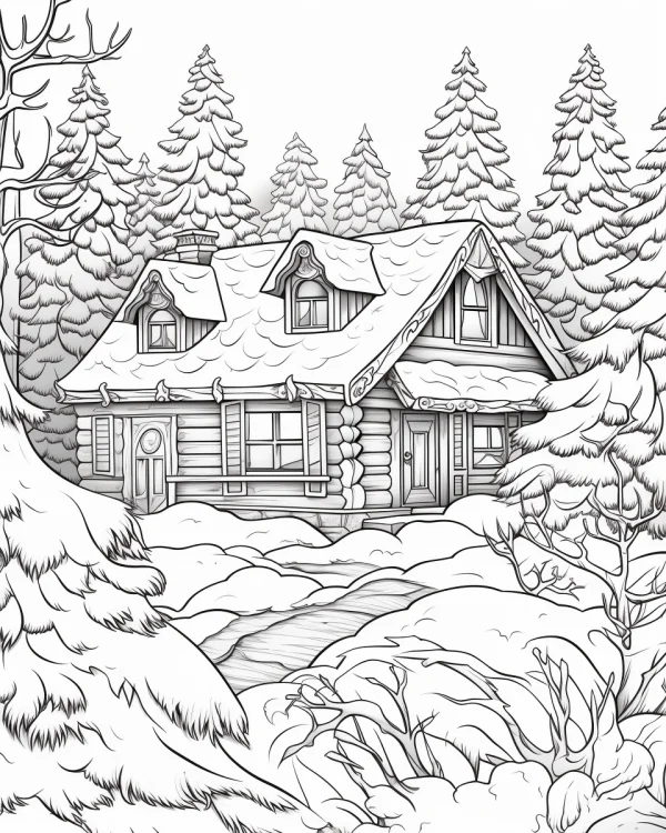 Rustic log cabin in snowy pine forest, realistic illustration style — free printable country cabin coloring book page