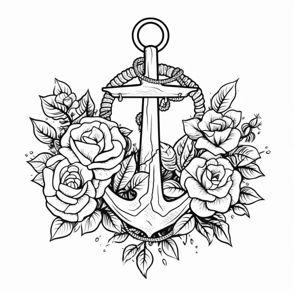 Anchor surrounded by roses and vines, tattoo-style  fine clean smooth outlines — free printable sailing coloring book page