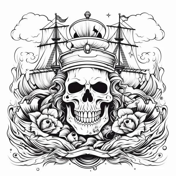 Pirate captain skull with roses and sailing ship, gothic dark style — free printable pirate coloring book page