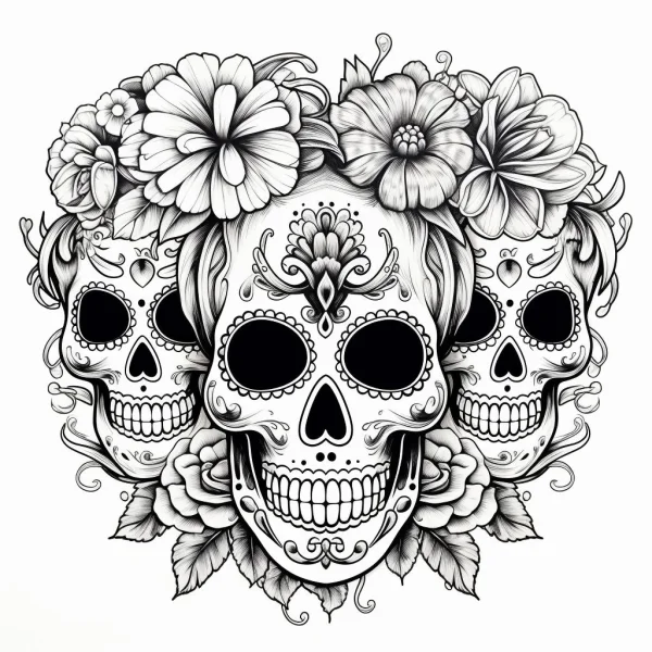 Three decorative sugar skulls adorned with large flowers and roses, mexican day of the dead style — free printable latin american culture coloring book page