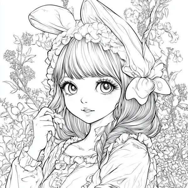 Cartoon girl with rabbit ear lace hat and braided hair, surrounded by flowers and vines — free printable girl coloring book page