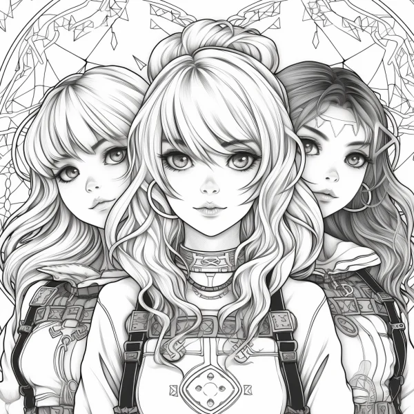 Three anime-style girls with long curly hair and bangs, cute elegant design — free printable anime coloring book page