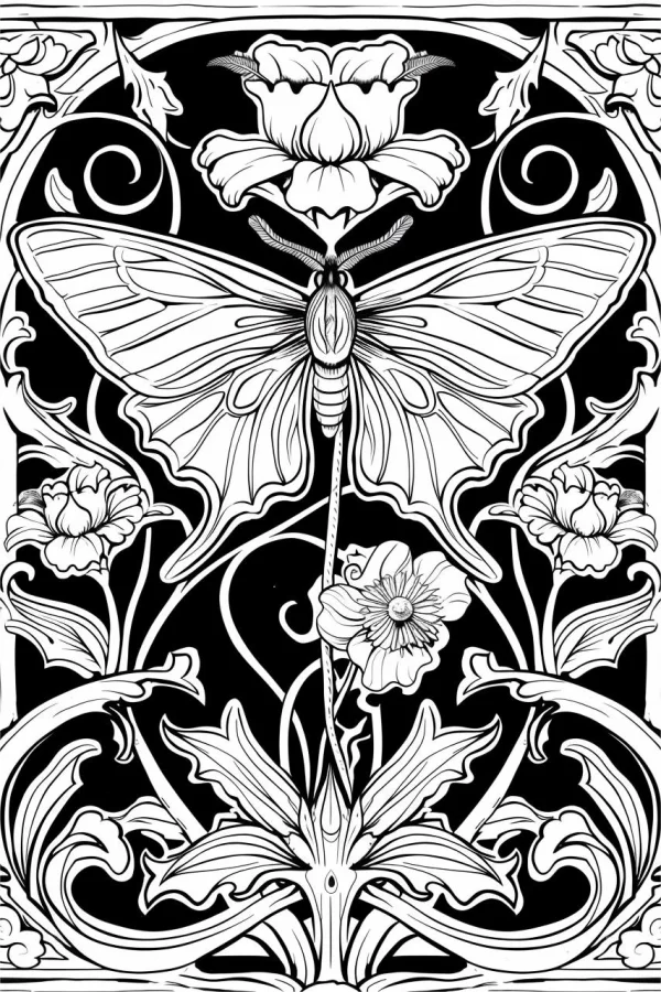 Art nouveau style moth with various flowers, intricate organic floral and vine patterns — free printable art nouveau coloring book page