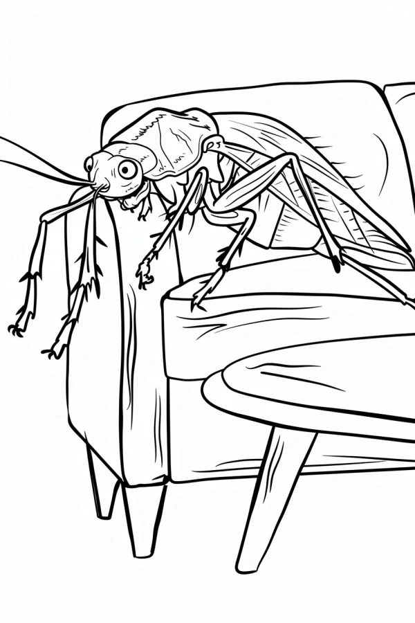 Giant insect on a sofa, cartoon style — free printable other life themes coloring book page