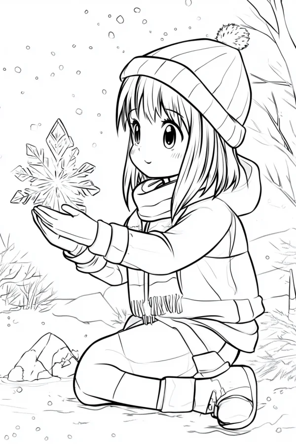 Cartoon girl holding a giant snowflake, winter outdoor scene with falling snow — free printable childhood coloring book page
