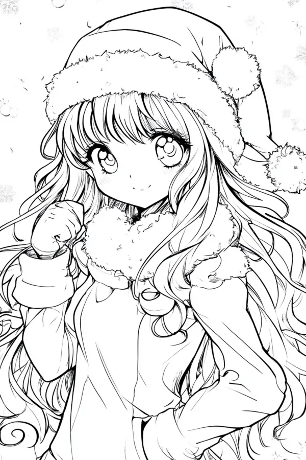 Cute curly-haired girl wearing fluffy-trimmed santa hat, anime cartoon style — free printable girl coloring book page