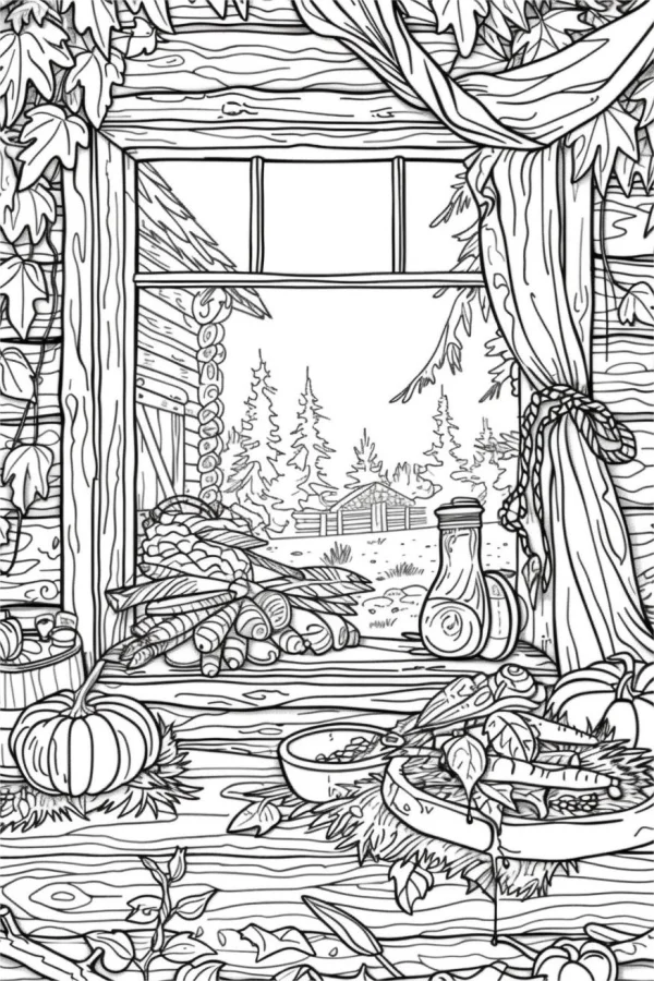Coloring book page, rural window sill harvest scene with pumpkins — free printable thanksgiving coloring book page
