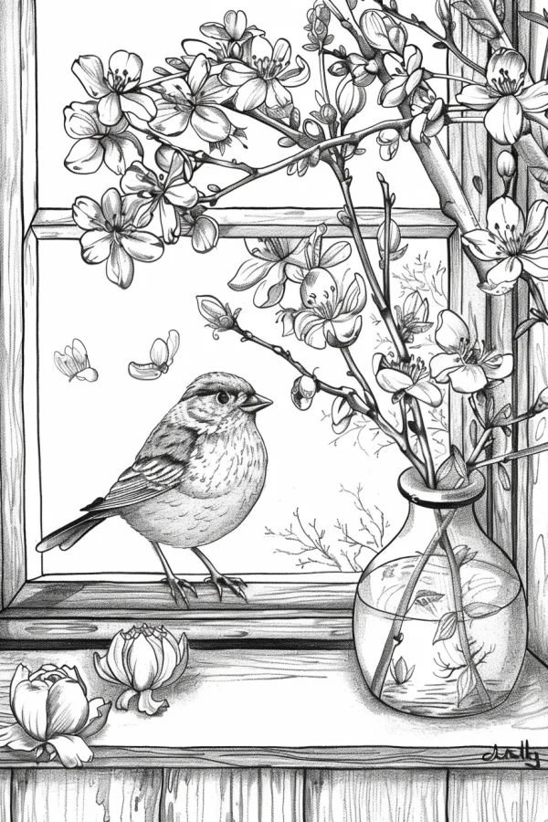 Sparrow on windowsill with flowering branches, sketch style — free printable other life themes coloring book page