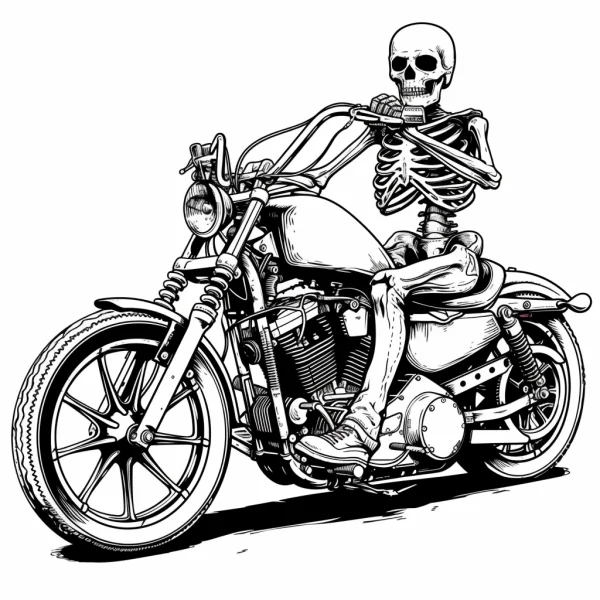 Skeleton riding a vintage motorcycle, realistic line art style — free printable cycling coloring book page