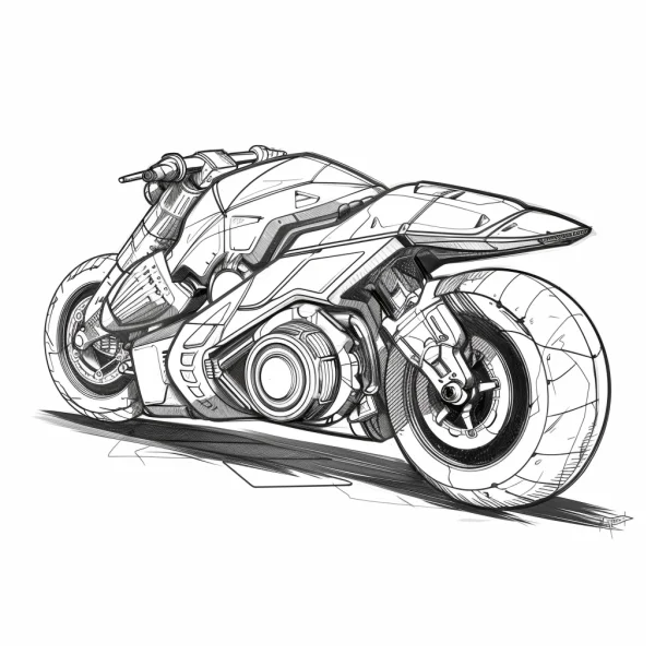Sci-fi motorcycle, sketch style — free printable cycling coloring book page