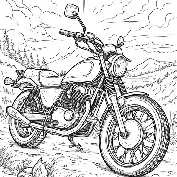 Vintage motorcycle in countryside outdoor scene, realistic sketch style — free printable cycling coloring book page