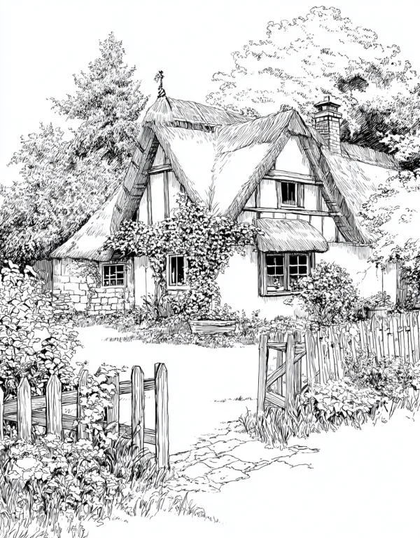 Idyllic countryside cottage with thatched roof, realistic sketch style — free printable rural life coloring book page