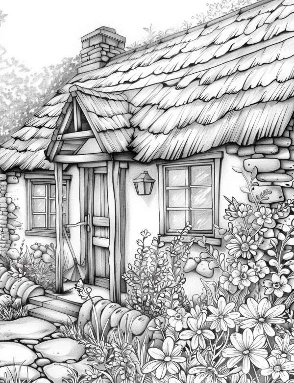 Cozy countryside cottage with thatched roof, surrounded by daisies and various wild plants — free printable pastoral coloring book page