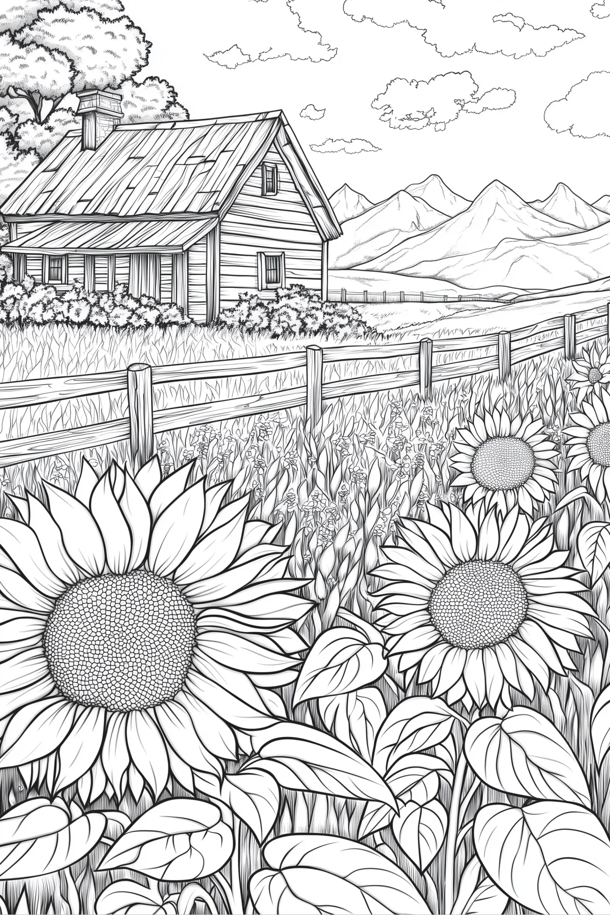 Coloring book page, sunflowers and country cottage — moderate detail — line art coloring page — for kids and adults of all ages