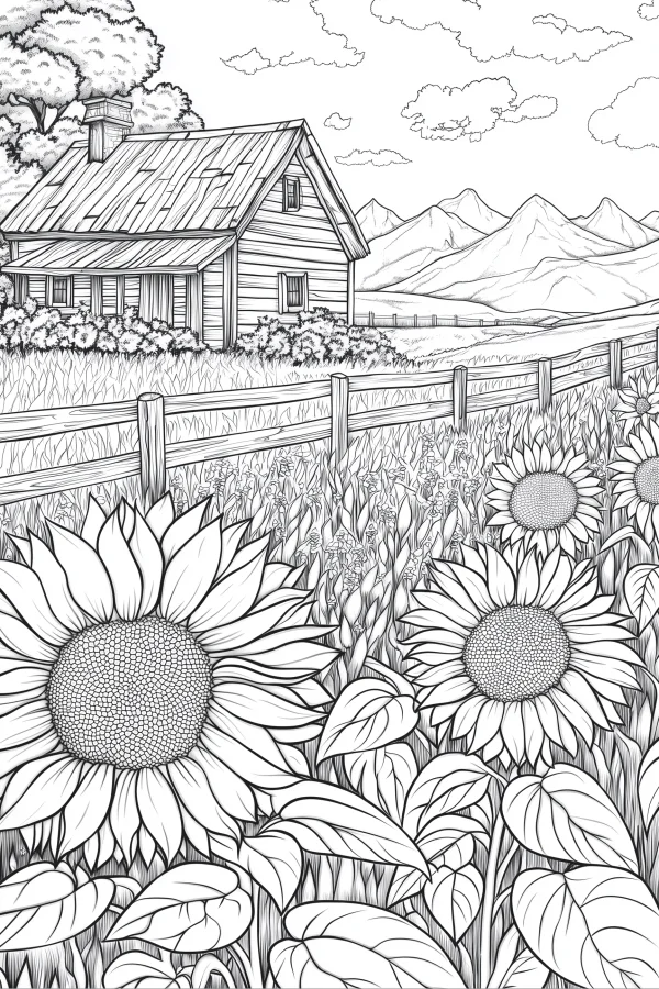 Coloring book page, sunflowers and country cottage — free printable rural life coloring book page
