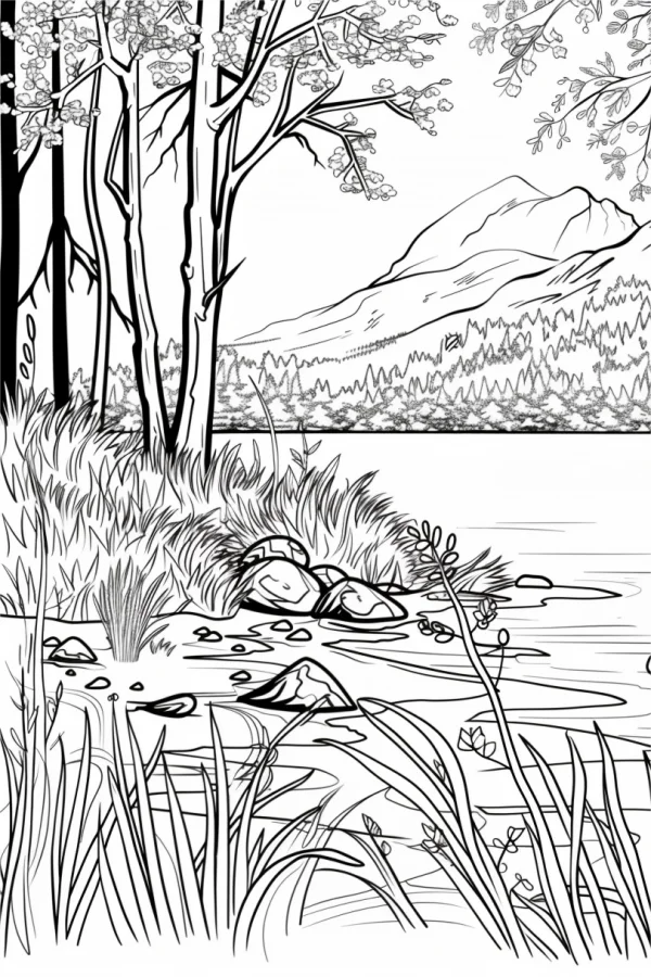 Forest lake natural landscape with distant mountains, realistic line art style — free printable lakes coloring book page
