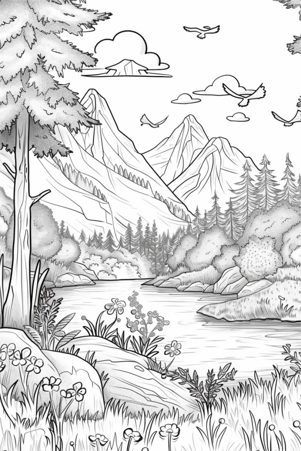 Mountain forest lake landscape, sketch style — free printable mountains coloring book page