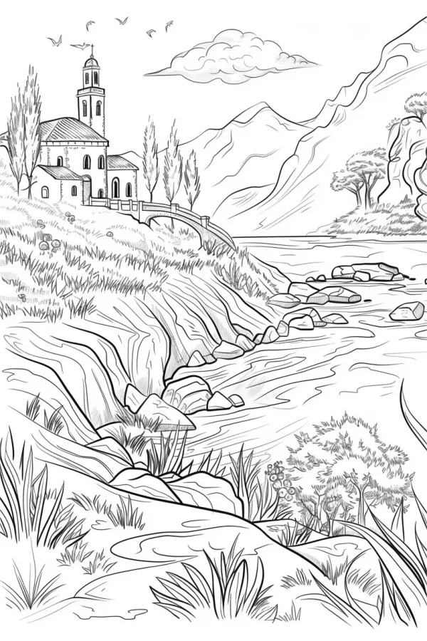 Rural riverside church landscape, realistic line art style — free printable countryside coloring book page