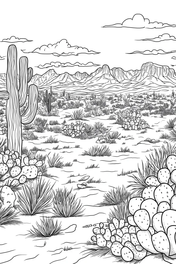 Desert cactus landscape, realistic style — free printable desert coloring book page