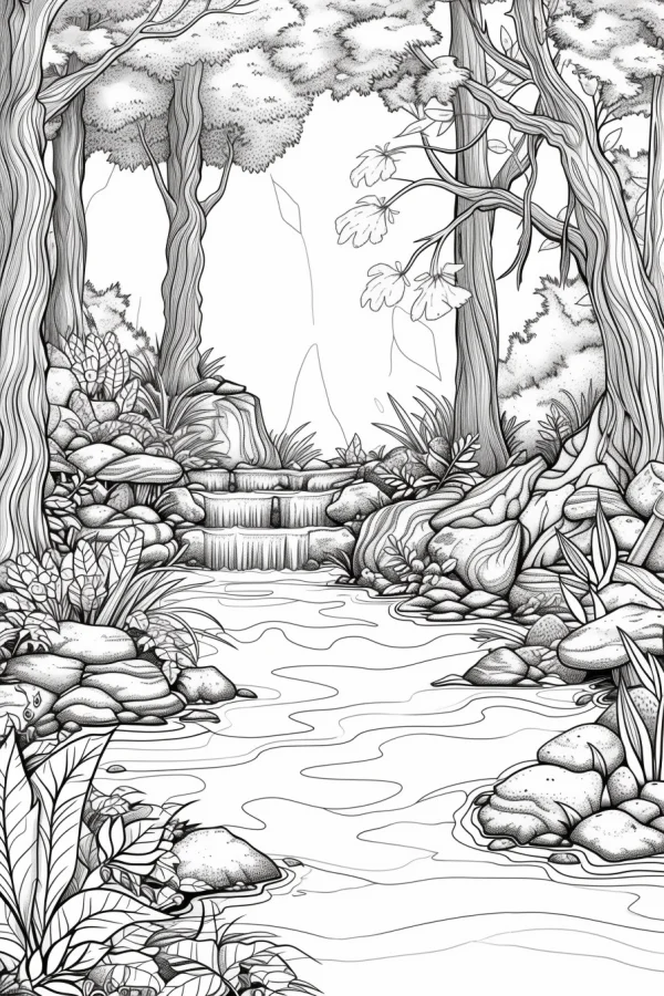 Forest stream natural scene, realistic line art — free printable river coloring book page